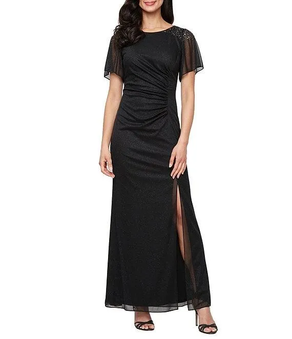 Short Sleeve Round Neck Front Slit Glitter Jersey Dress