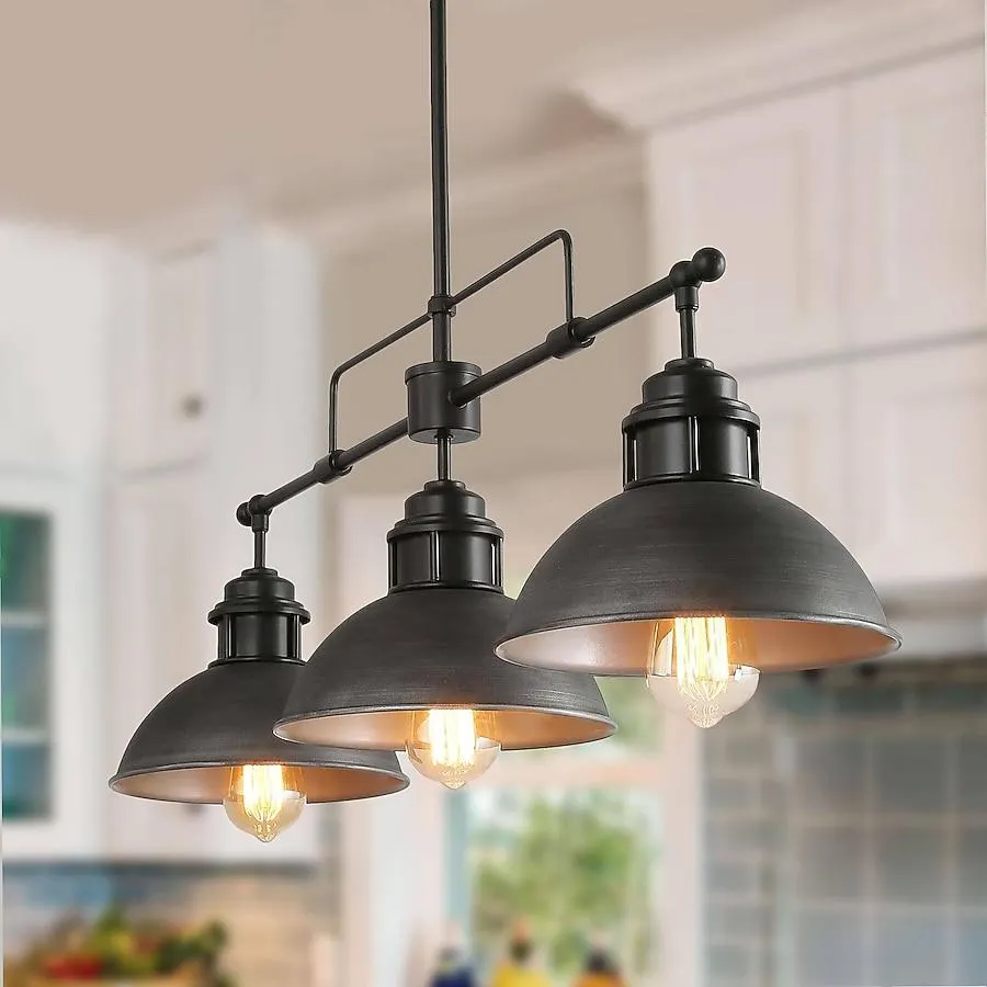 LNC Donnish Farmhouse 3 -Light 35.7'' Brushed Black and Silver Dome Traditional Linear Large Hanging Kitchen island light