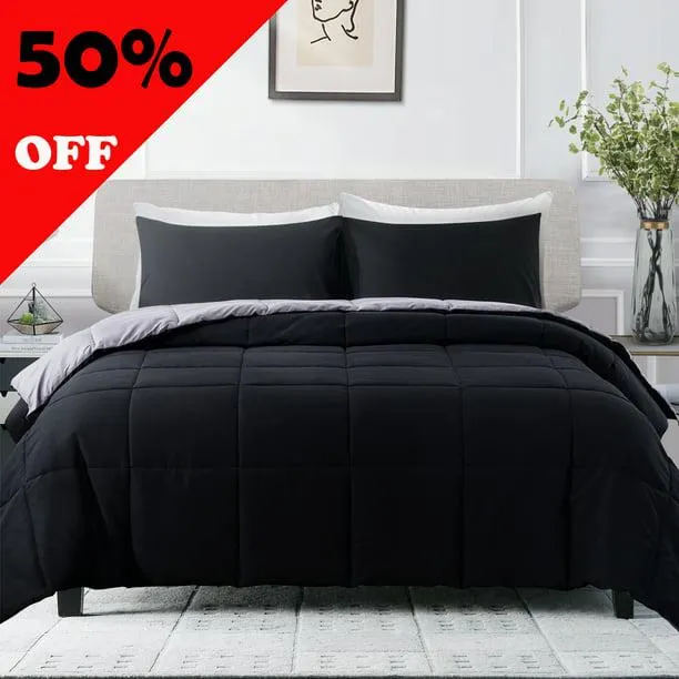 WhatsBedding 3 Pieces Bed in a Bag Comforter Set Duvet Insert,Reversible,Black/Grey,Queen