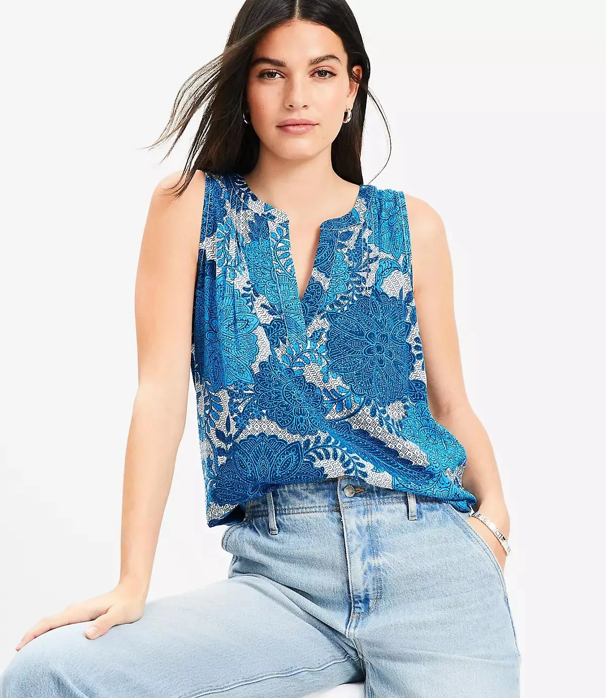 Floral Pleated Mixed Media Shell