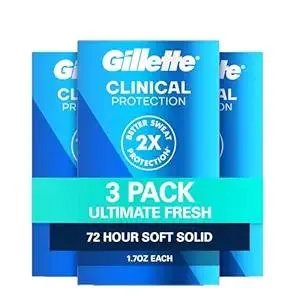 Gillette Clinical Antiperspirant and Deodorant for Men, 72hr Sweat & Odor Protection, Long Lasting Freshness, Anti-White Mark Technology, Soft Solid, Ultimate Fresh Scent, 1.7 oz (Pack of 3)