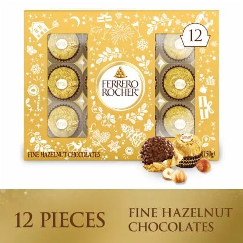 Ferrero Rocher Fine Hazelnut Chocolates Individually Wrapped 12-Count Holiday Chocolate Gift Box