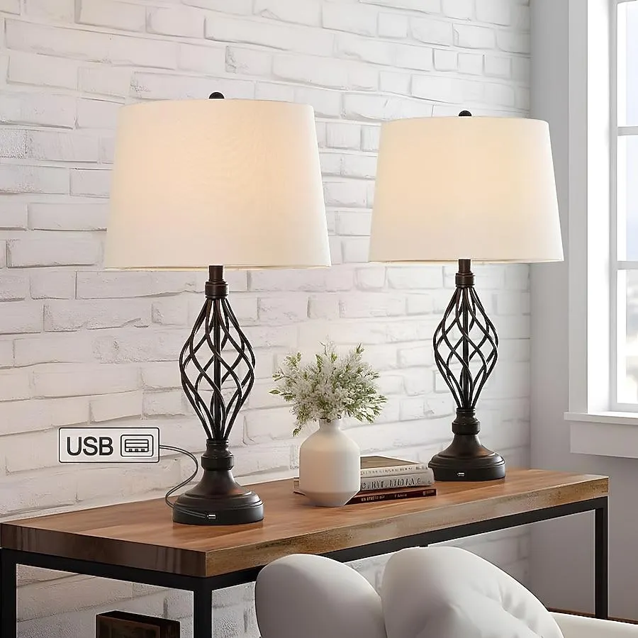 True Fine 28-in Bronze LED 3-way Table Lamp with Fabric Shade 2 -Set