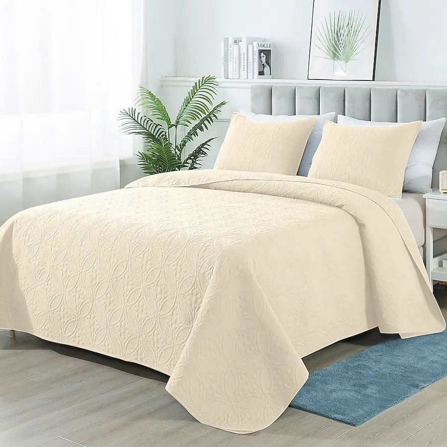 JEAREY Copper Coin Pattern Quilted Bedspread Beige Geometric Reversible Twin/Twin XL Bedspread Microfiber