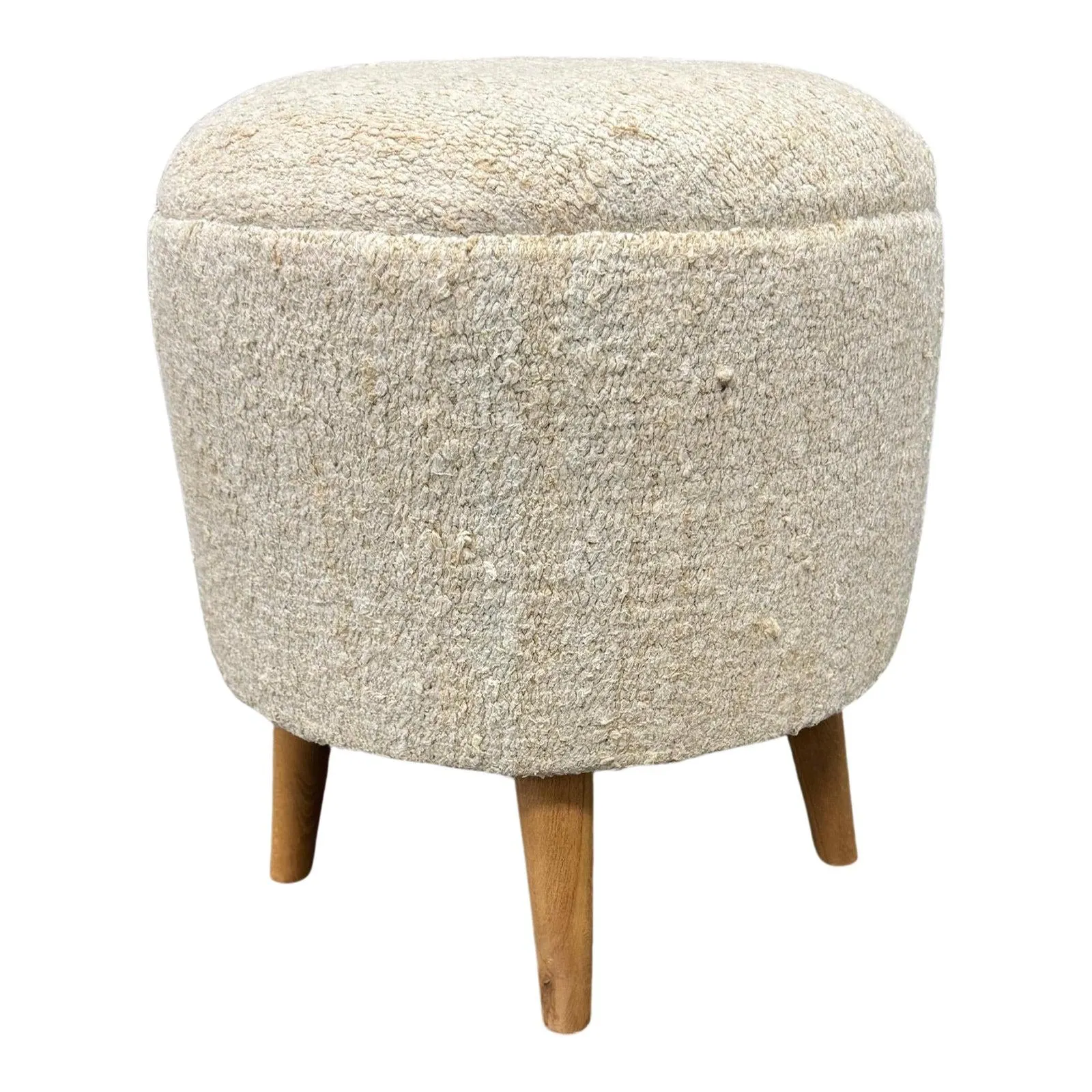 Vintage Handwoven Hemp Pouf Beige & Teal 1960s