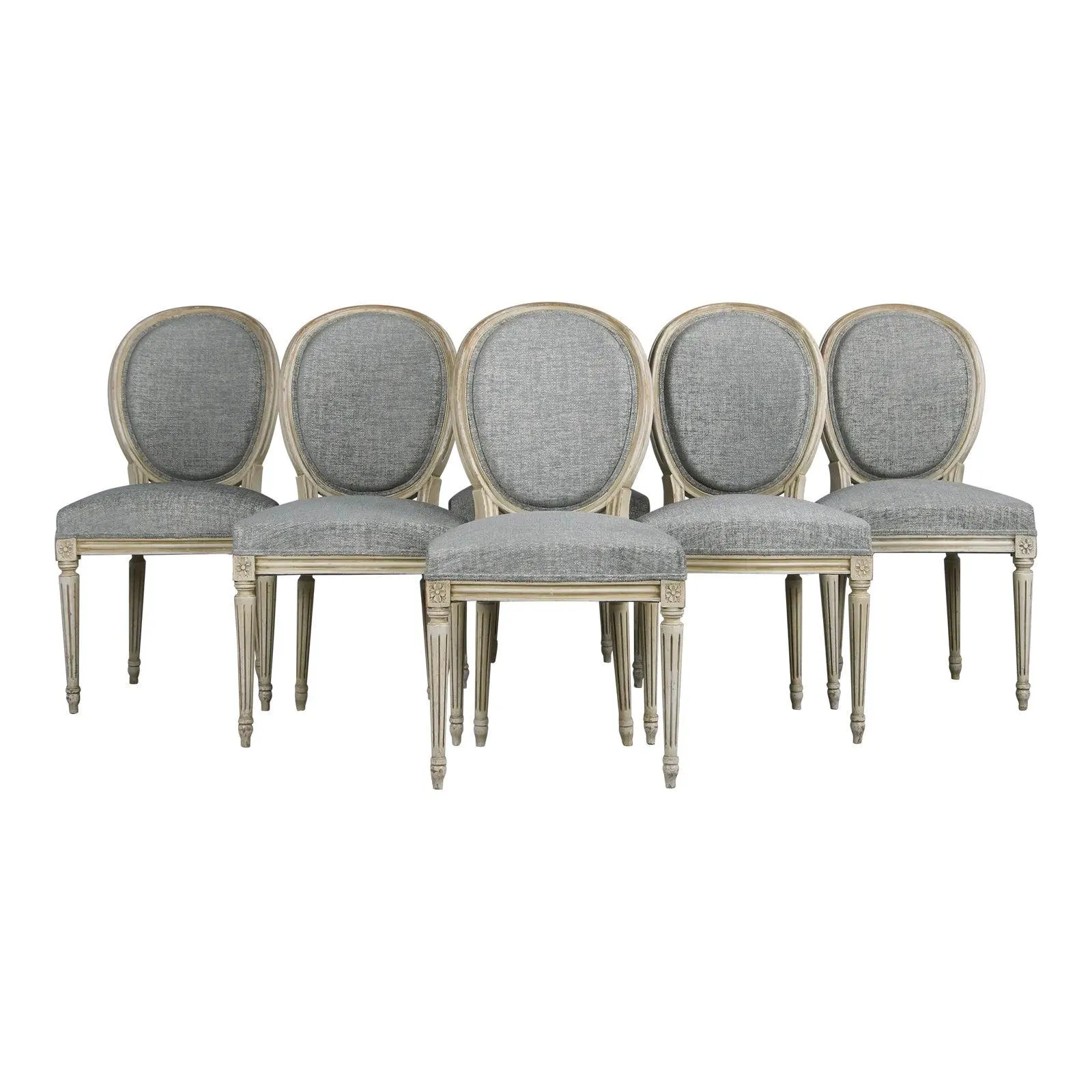 Antique French Louis XVI Style Painted Dining Chairs W/ Grey Blue Chenille - Set of 6