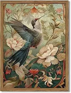 Framed Vintage Hummingbird Wall Art, Floral Bird Wall Decor Paintings, 3D Sandstone Textured Nature Botanical Pictures Prints Aesthetic Home Decor for Living Room Bedroom Bathroom Office 12x16 inch