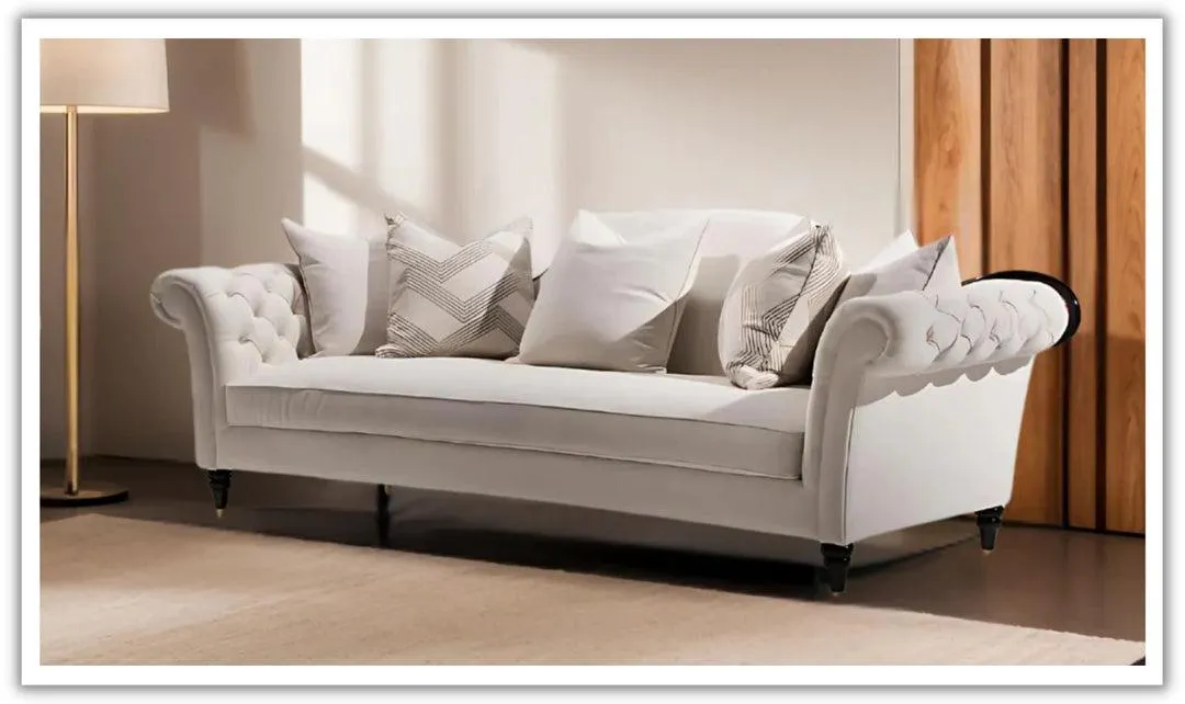 Klaussner Dantone 3-Seater Beige Fabric Sofa with Tufted Rolled Arm