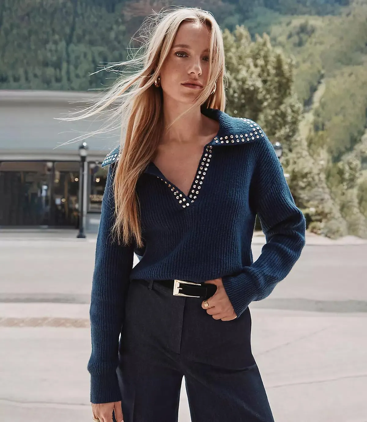 Studded Ribbed Collared Split Neck Sweater