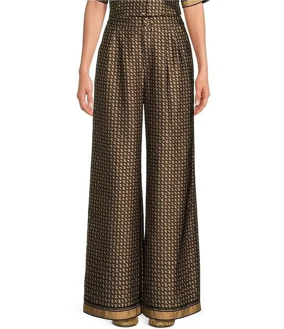 Logo Print Satin High Waisted Pleated Front Wide Leg Coordinating Pants
