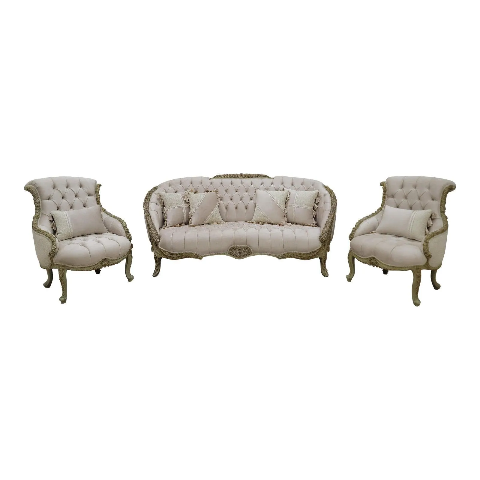 Late 19th Century Vintage French Set, Aged Wood Finish, Tufted Light Taupe Upholstered, 3 Piece Set