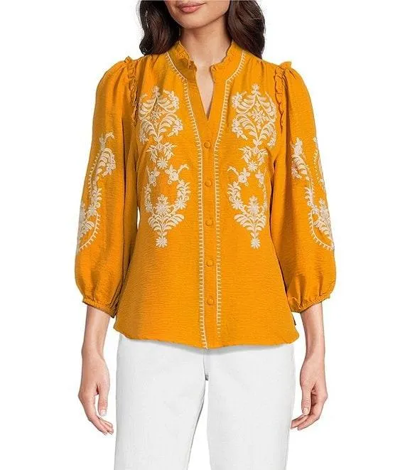 Embroidered Placement Print Ruffle Split V-Neck 3/4 Sleeve Button-Front Tunic