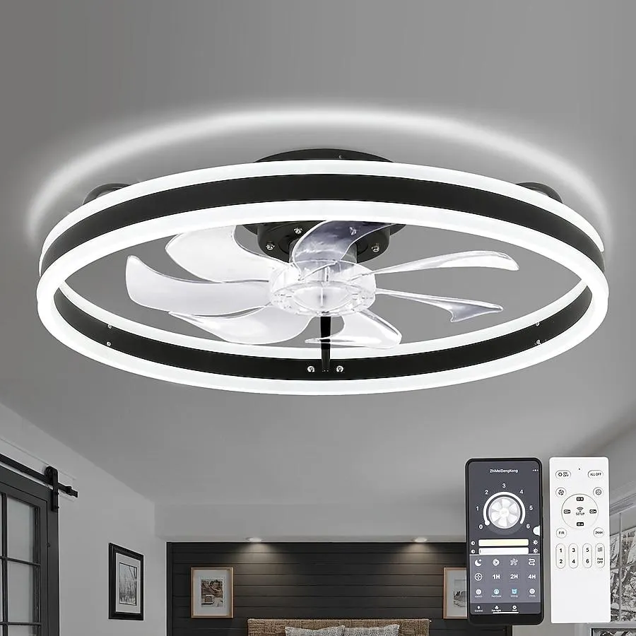 Oaks Decor Cotti 20-in Integrated LED Flush Mount Smart Matte Black with Clear Blades Fandelier Ceiling Fan With Light - Remote Included ( 7 -Blade )