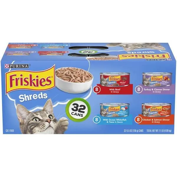 32-Count Savory Shred Variety Pack Cat Food, 5.5 oz Real Beef, Poultry, Seafood