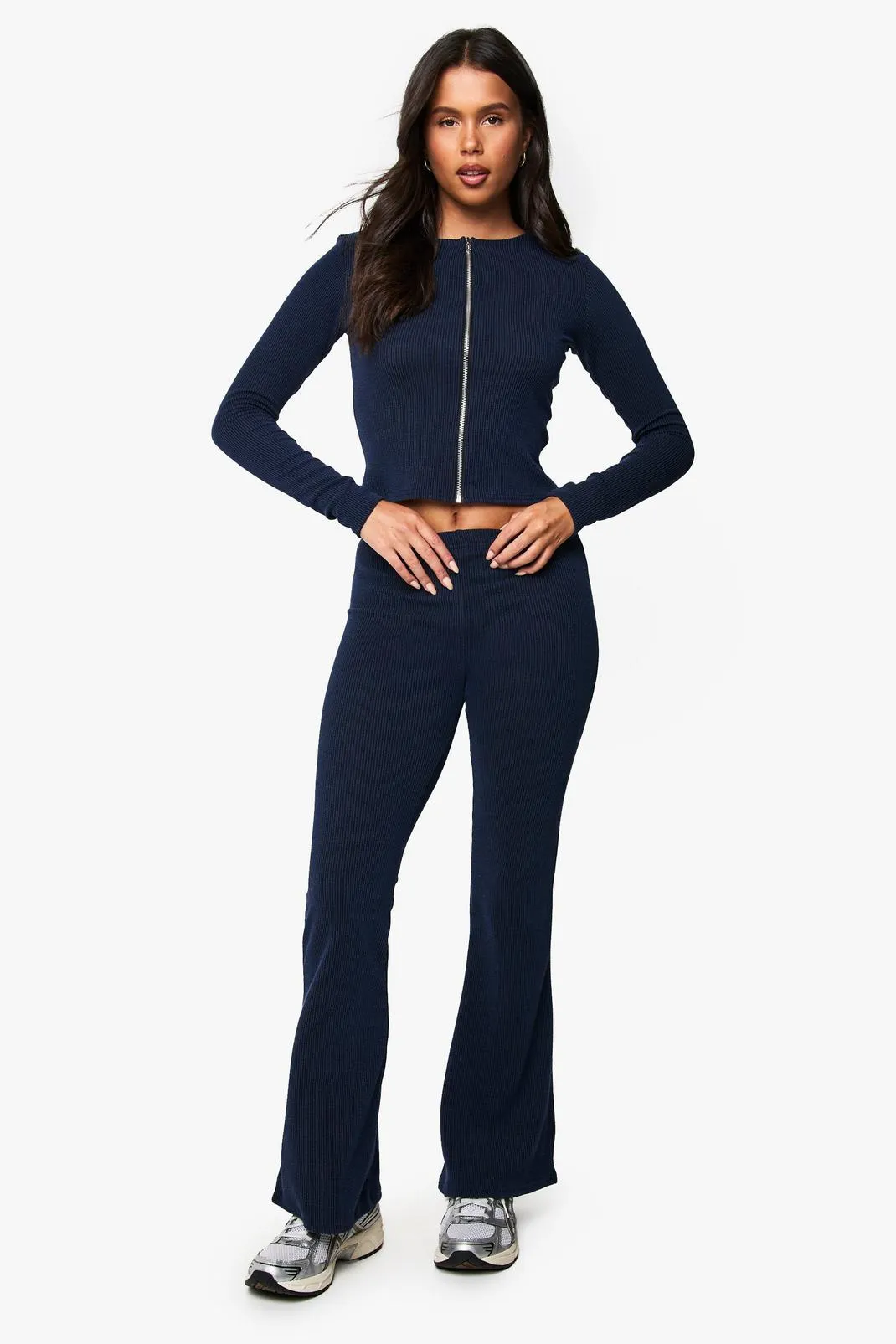 2 Tone Rib Zip Up Top & Flared Trouser