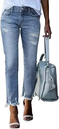 EVALESS Womens Jeans High Waisted Stretchy Ripped Distressed Tummy Control Straight Ankle Jean for Women Trendy 2025