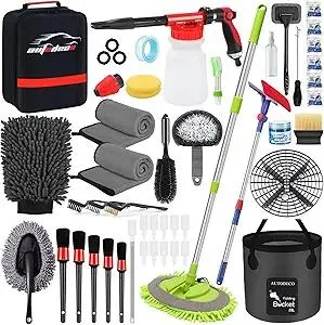 AUTODECO 44Pcs Car Wash Detailing Kit Cleaning Kits with Foam Gun Sprayer Wash Mop with Long Handle Collapsible Bucket Large Wash Mitt Towels Complete Interior Exterior Car Washing Supply Set Black