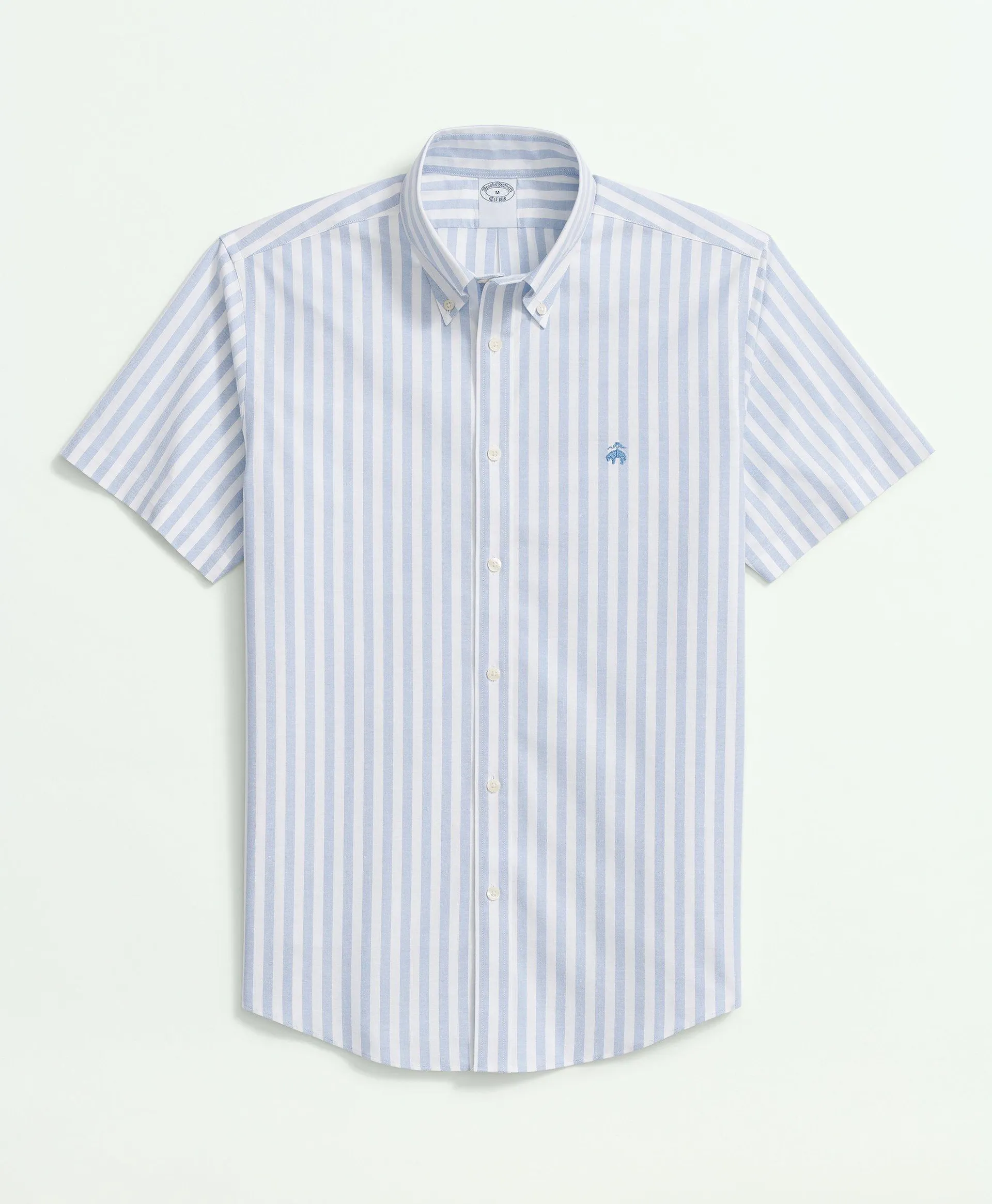 Stretch Cotton Non-Iron Oxford Polo Button Down Collar, Striped Short-Sleeve Shirt
