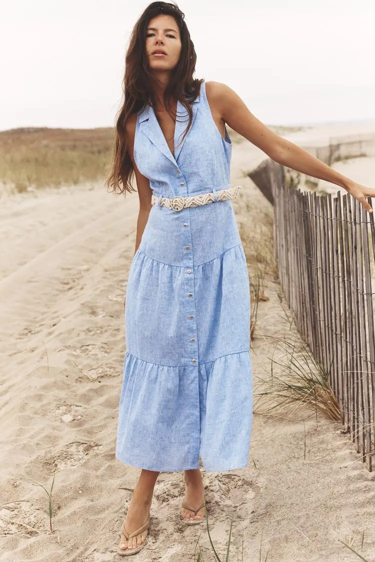 LINEN BELTED MIDI DRESS