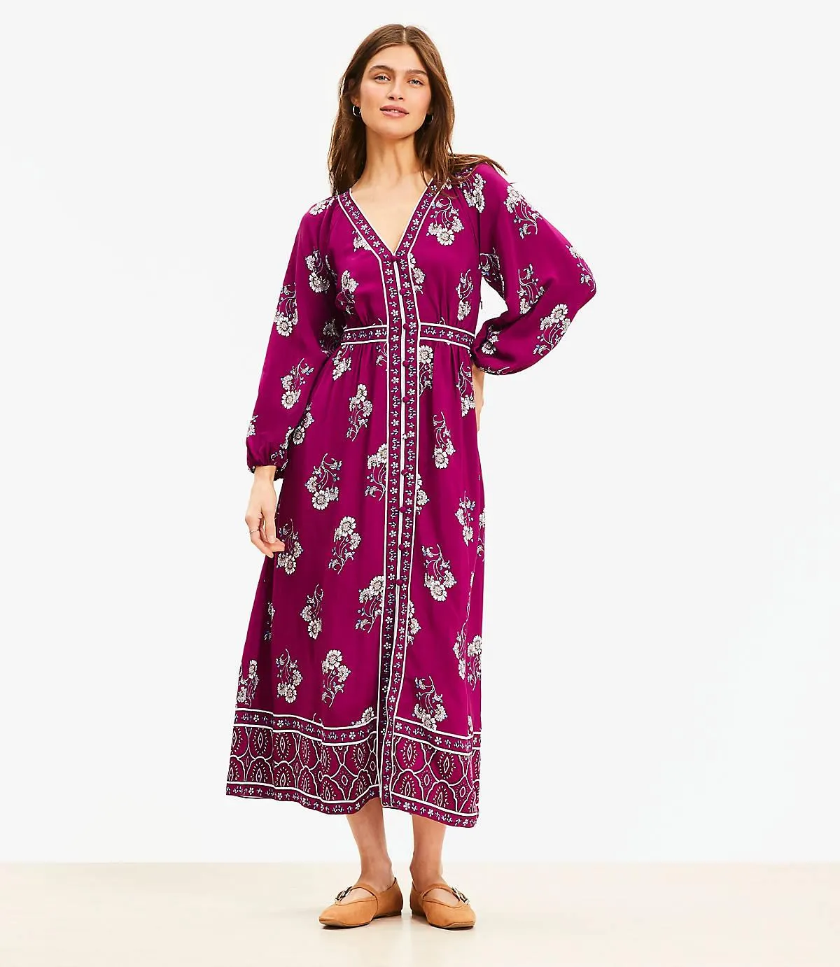 Floral Puff Sleeve Button Midi Dress