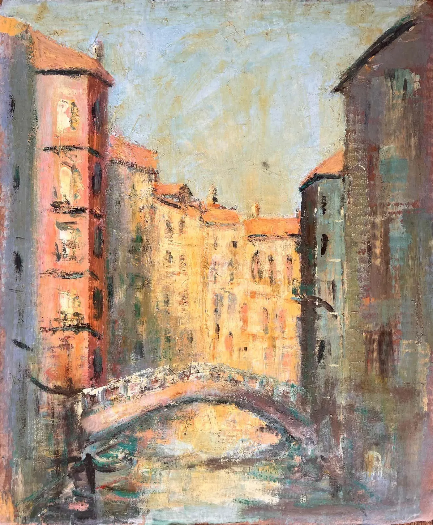 Fanch Lel Impressionist Painting of Venetian Canal with Bridge and Sunlit Buildings