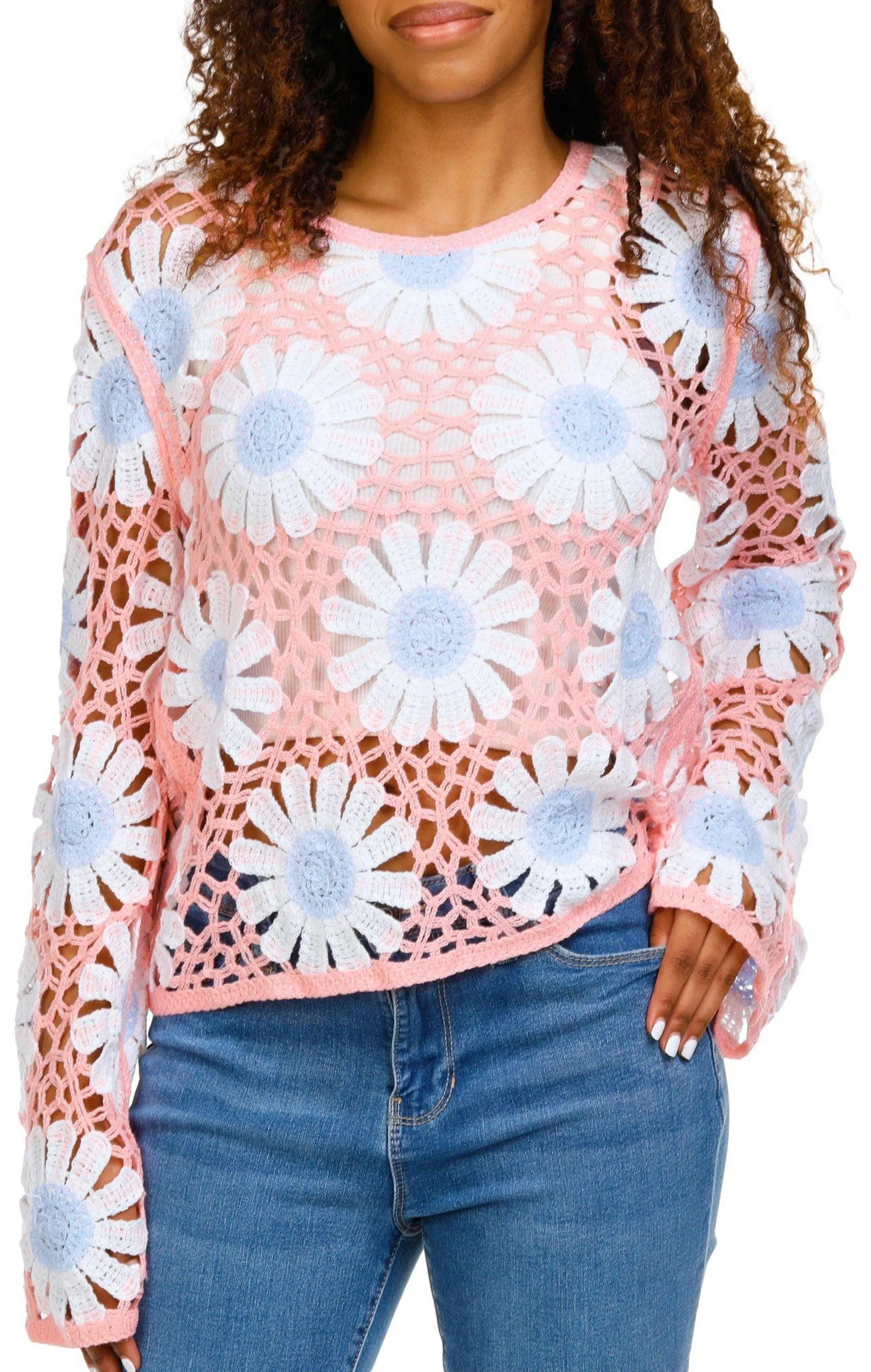 Rebellion Juniors Long Sleeve Crochet Daisy Top