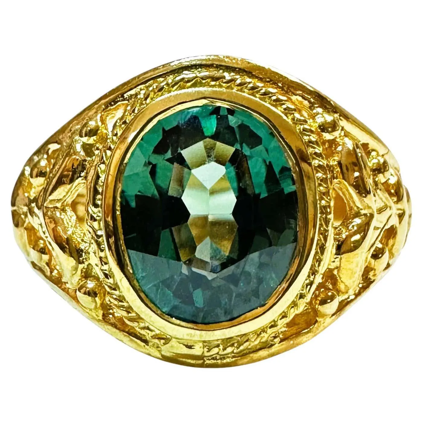 New 2.8 Carat Deep Green Sapphire Yellow Gold PL Filigree Sterling Ring