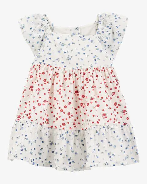 Baby Tiered Poplin Floral Print Dress - Ivory