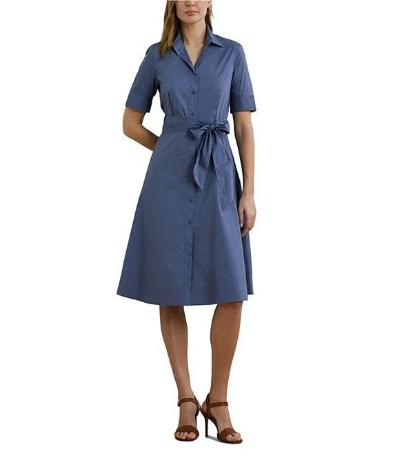 Stretch Cotton Blend Point Collar Elbow Length Sleeve Button Front Shirt Dress