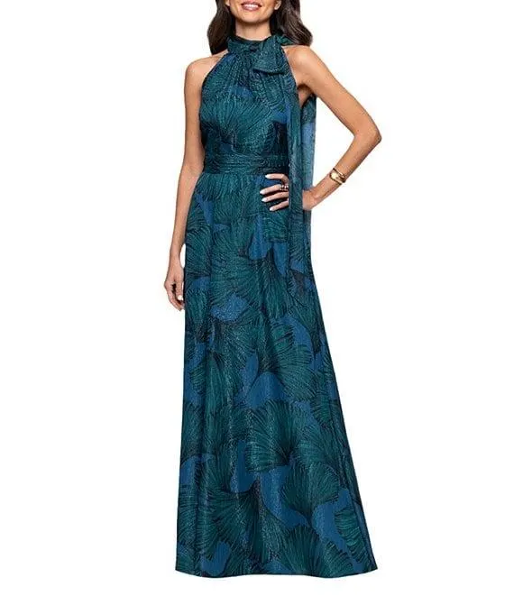 Halter Tie Neck Palm Print Shimmer Chiffon Sleeveless Maxi Dress