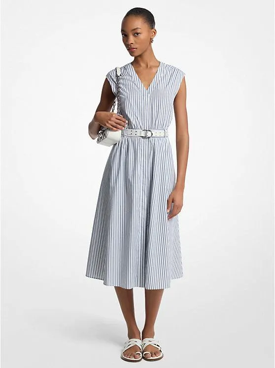 Striped Cotton Poplin Belted Midi Dress