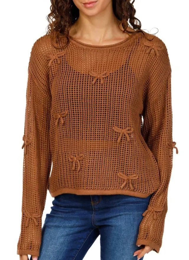 No Comment Juniors Long Sleeve Crochet Bow Sweater