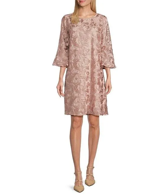 Bella Soiree Embroidered Mesh Lace 3/4 Bell Sleeve Shift Dress