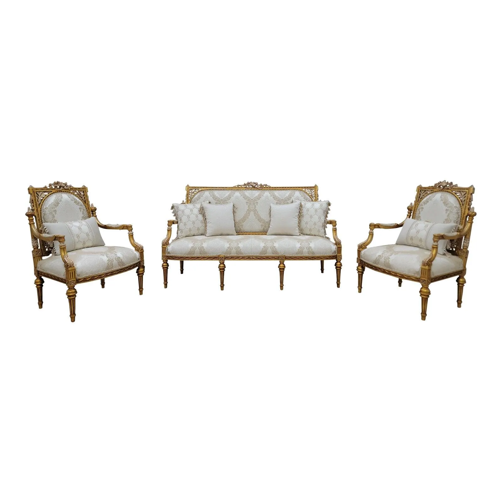 Late 18th Century Louis XV Light Beige Damask Silk, Hand-Carved Wood, Sofa, Pair of Armchairs, Living Room Set, 3 Piece Set