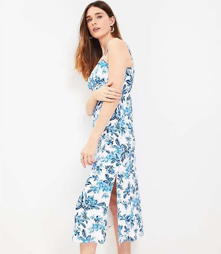 Vine Shirred Sweetheart Neck Midi Dress