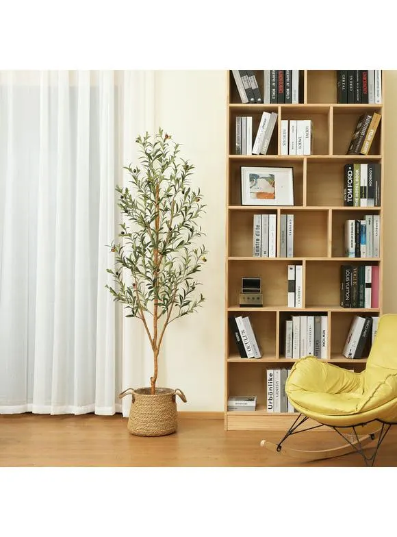 6 ft Artificial Olive Plants with Realistic Leaves and Natural Trunk, Silk Fake Potted Tree with Wood Branches and Fruits, Faux Olive Tree for Office Home Decor