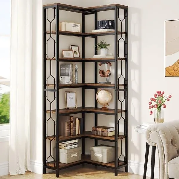 Corner Shelf, 7-Tier Industrial Corner Bookshelf Corner Bookcase