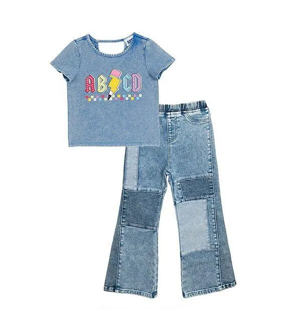 Little Girls Short-Sleeve "ABCD" Acid-Wash Top & Patchwork Jeans Set