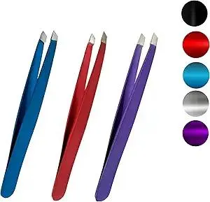 3 RANDOM COLOR Precision Slant Tweezers Women & Men Expert Eyebrow Shaping Face Grooming Hair Removal Ingrown Splinter Slanted Tip Tweezer Stainless Steel 25 Degree Angle