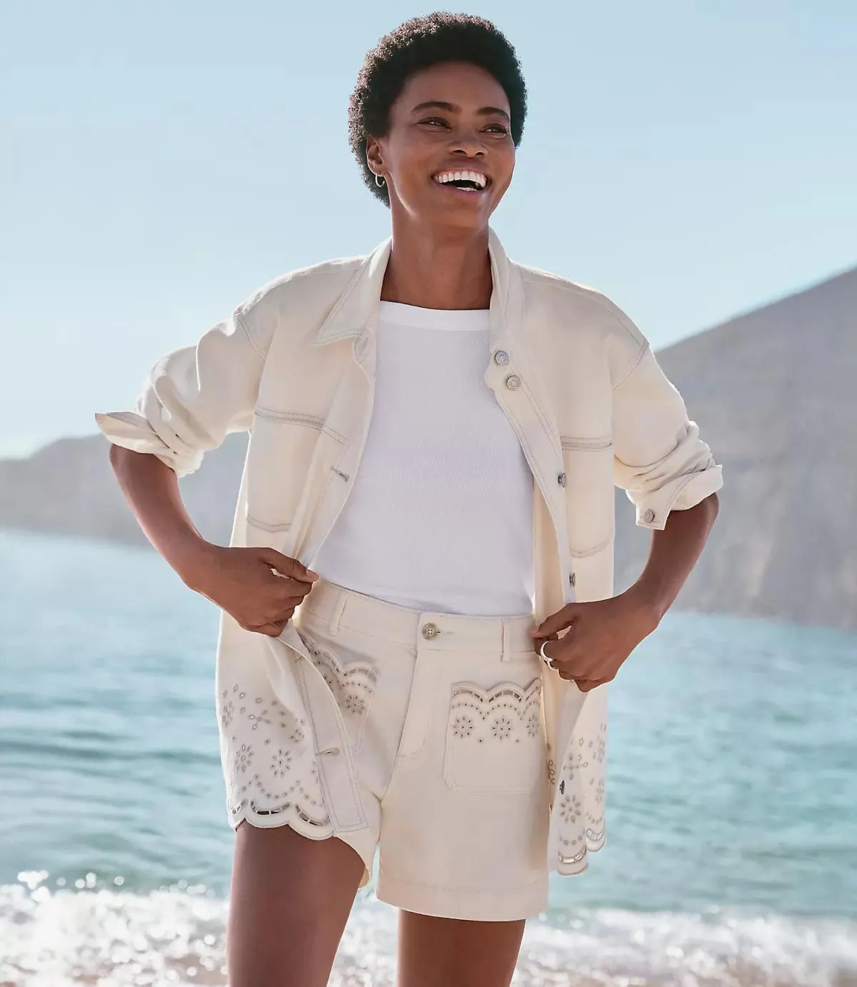 Eyelet Pocket Palmer Denim Shorts in Ivory