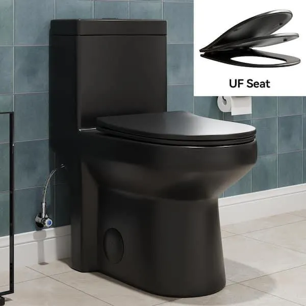 1-Piece 1.1/1.6 GPF Dual Flush Compact Round Toilet in Black Soft Close Seat Included