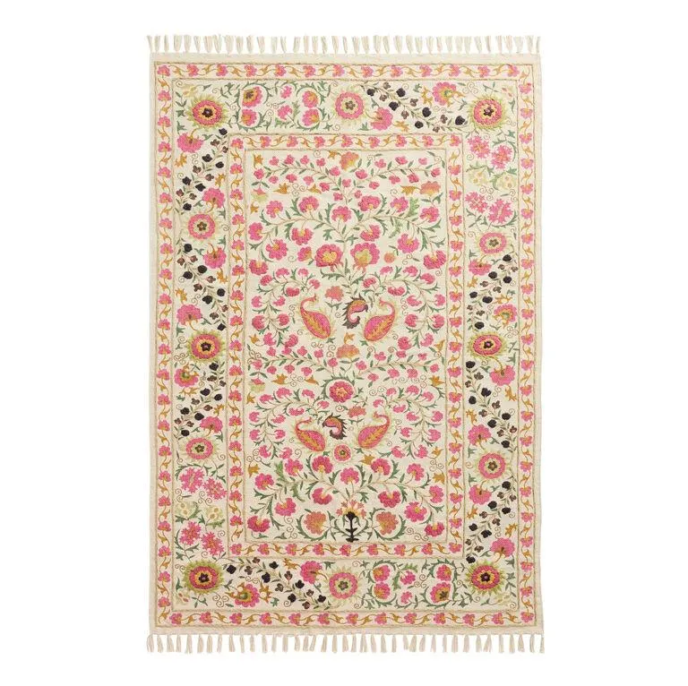 Kaza Floral Traditional Style Embroidered Cotton Area Rug