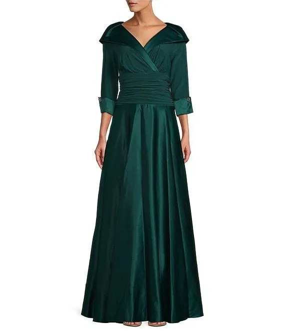 Portrait Collar V-Neck 3/4 Sleeve Rhinestone Cuff Ruched Waist Satin Gown