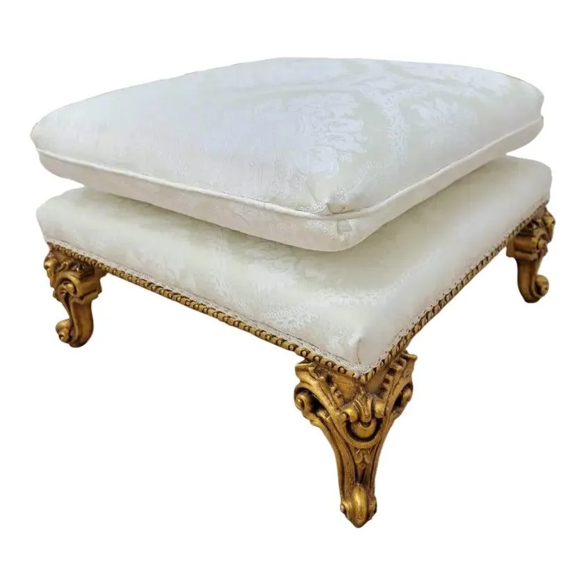 Mid 20th Century French Style Gold Leaf Damask Silk Ottoman