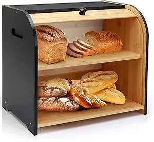 Bread Box for Kitchen Countertop, Double Layer Bamboo Bread Storage Container for Homemade Bread, Roll Top Bread Box with 3 Adjustable Height for Kitchen Counter, Black Breadbox Organizer