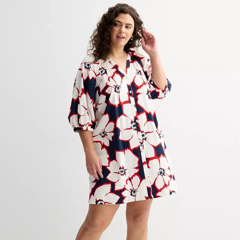 Plus Size Sonoma Goods For Life® Button Front Elbow Sleeve Shift Dress