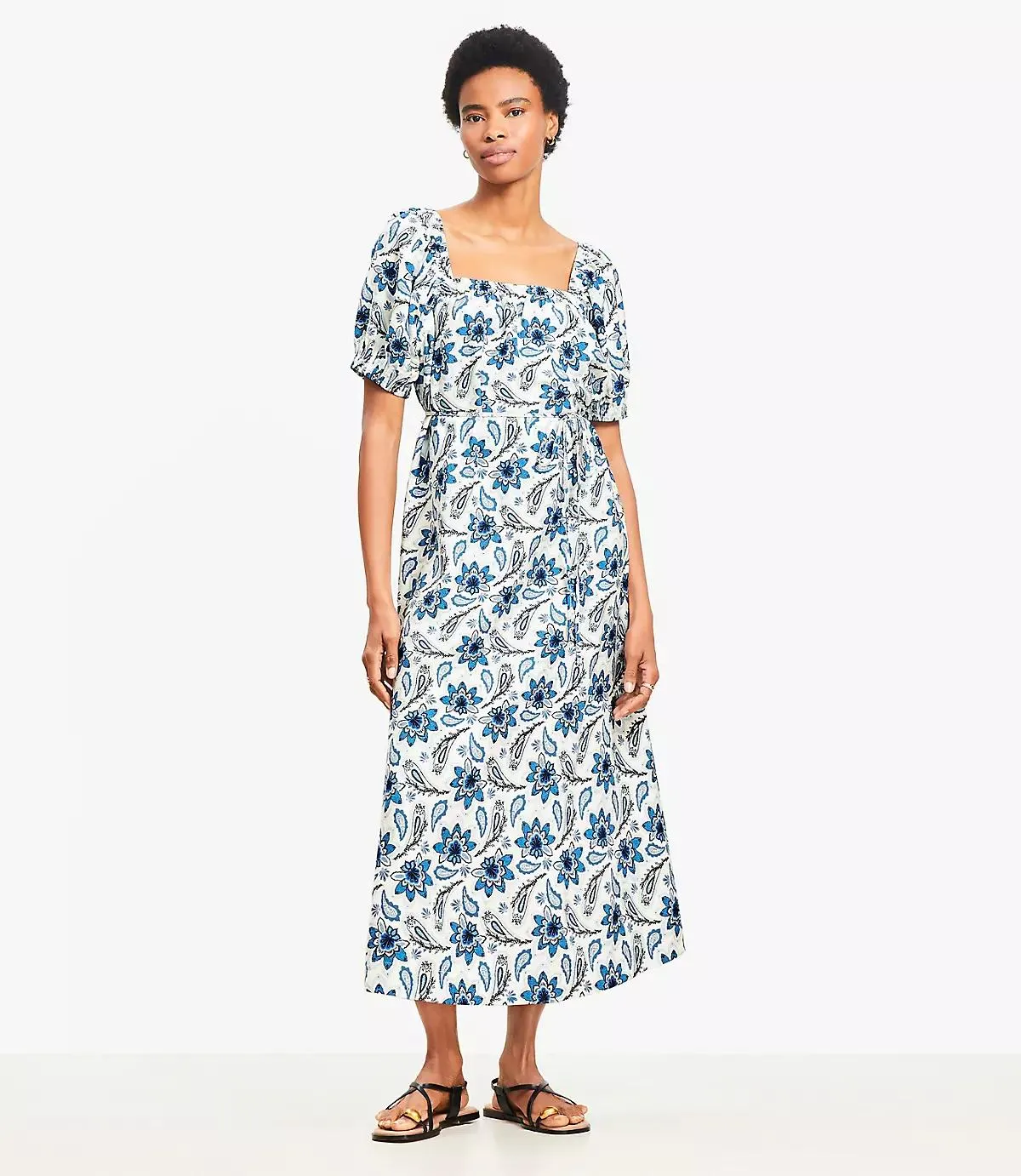 Paisley Smocked Square Neck Midi Dress