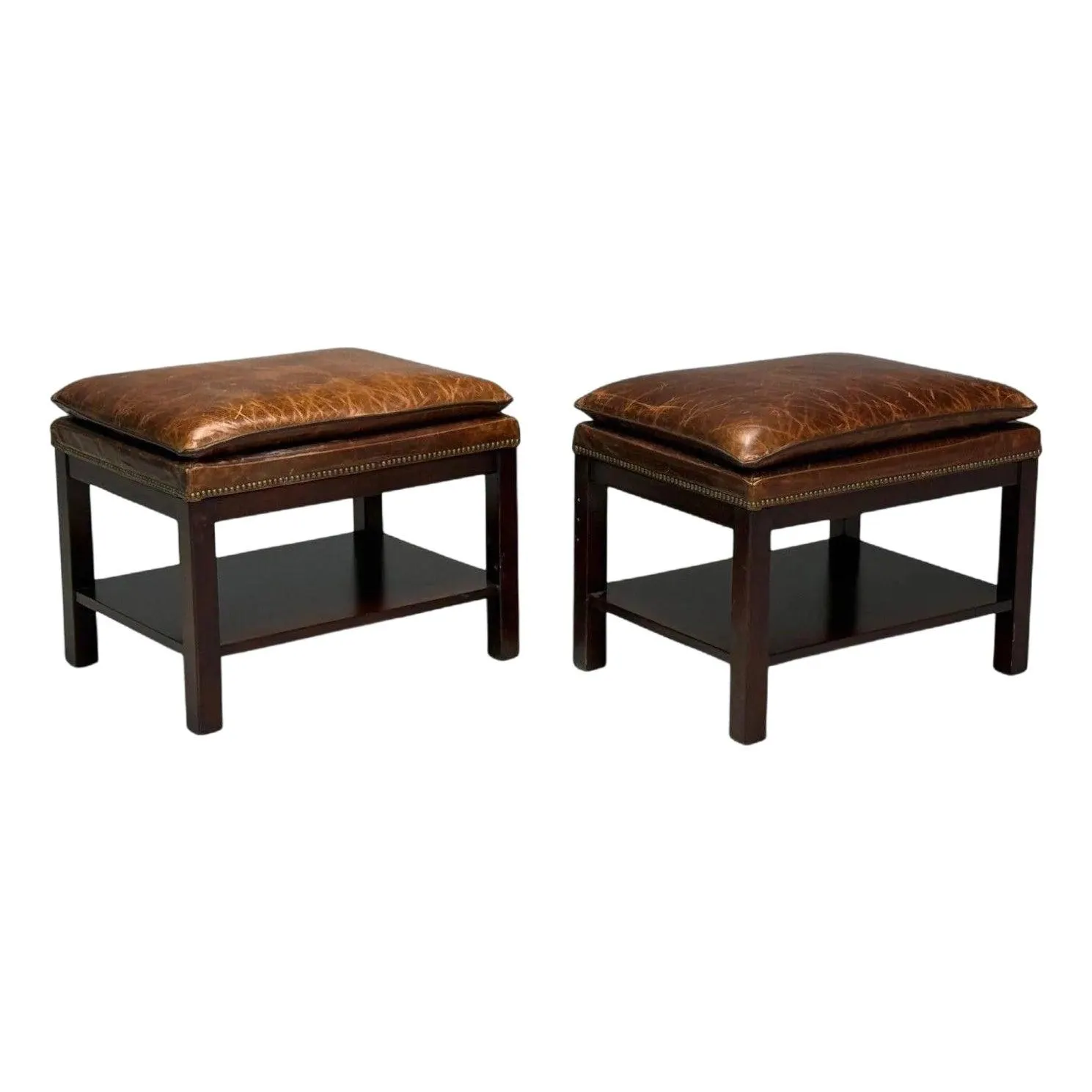 Georgian Style, Distressed Brown Leather, Mahogany, Ottomans, Usa, 20th C.