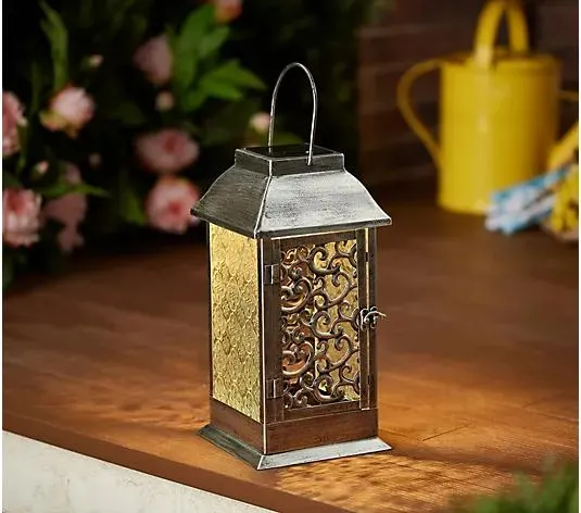 Barbara King 12" Embossed Glass Solar Powered Metal Lantern