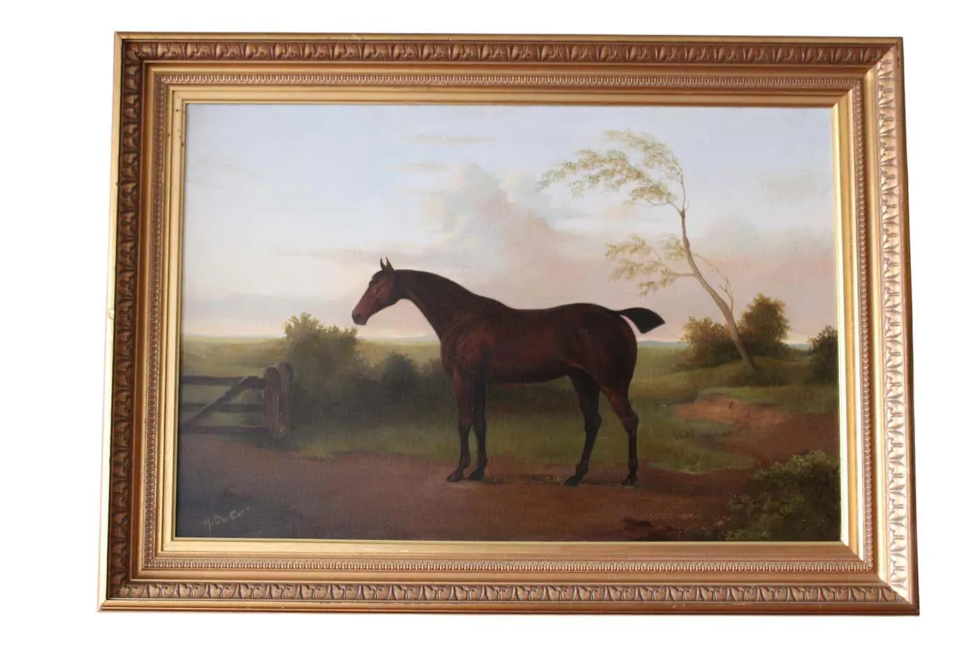 H. Becker Horse oil portrait painting in landscape chestnut horse after George Stubbs 1960's